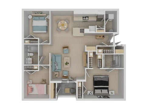 Floor plan for 3 beds, 2 baths, 1377 sqft